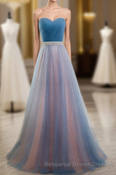 Sweetheart Blue Peach Tulle Strapless Long Pleated Sexy A Line With Beads Sashes Semi Formal Prom Dresses